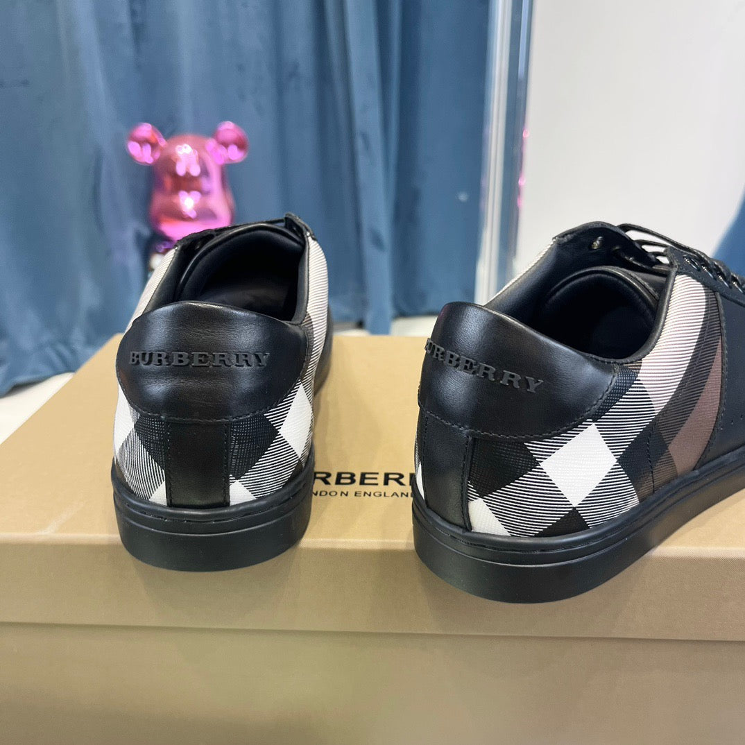 Black Leather Check Panel Low-Top - Men's