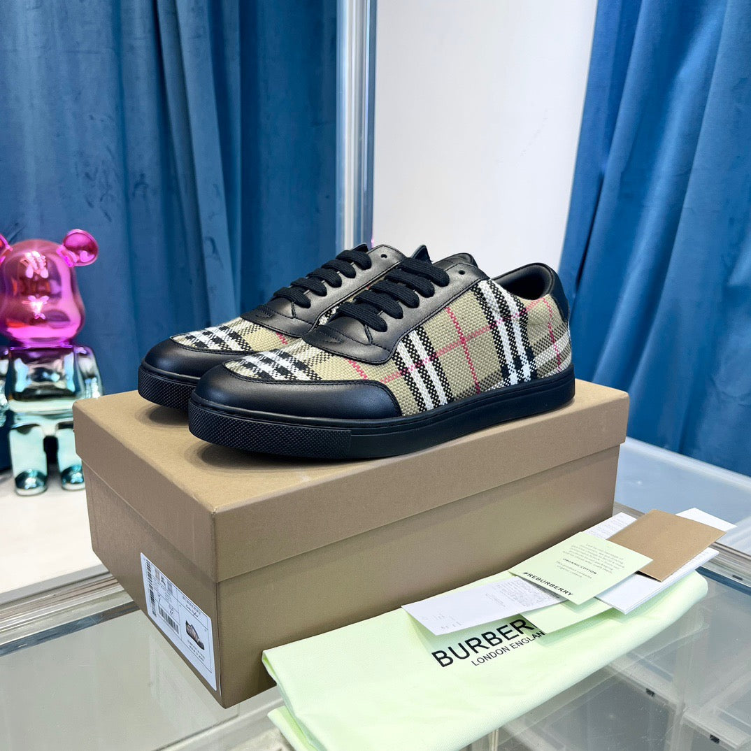 Beige Leather Check Low-Top - Men's