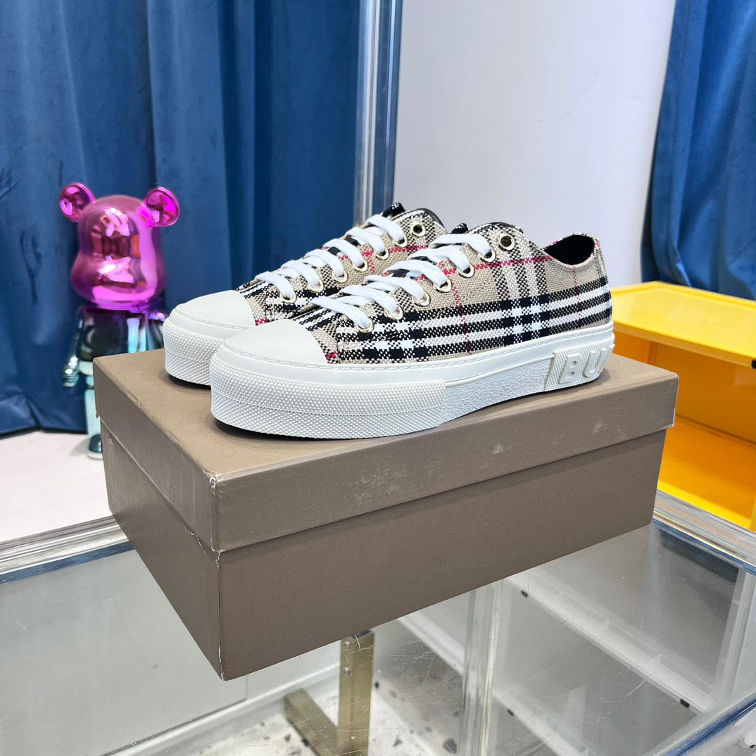Beige Canvas Check Platform - Men's