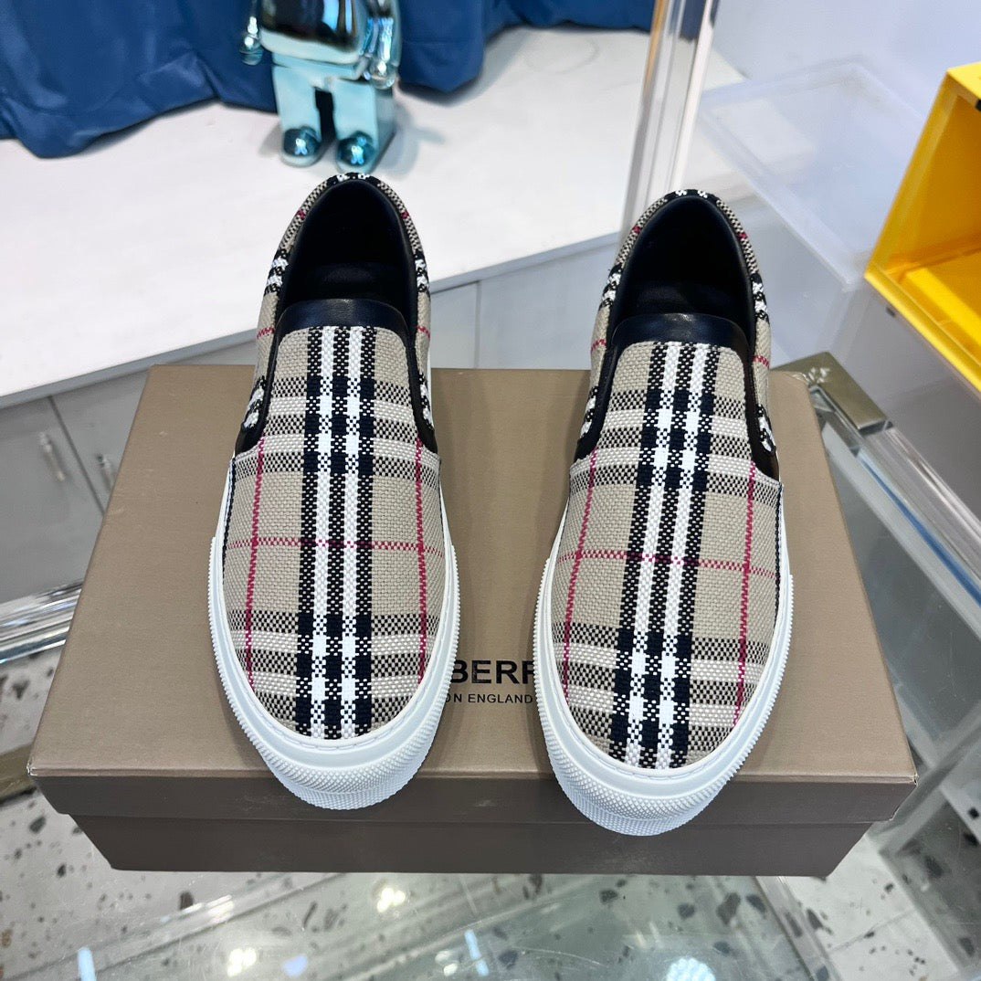Beige Canvas Check Low-Top - Men's