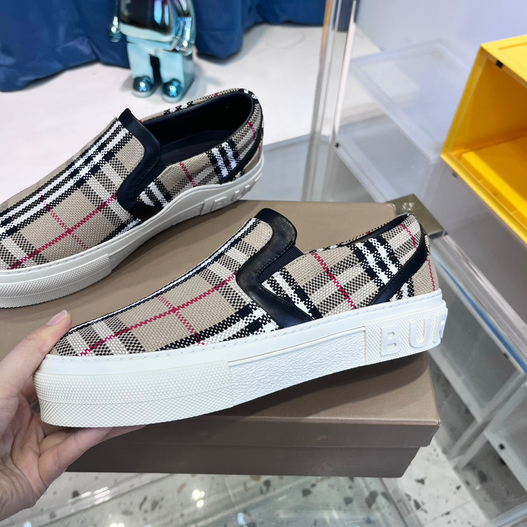 Beige Canvas Check Low-Top - Men's