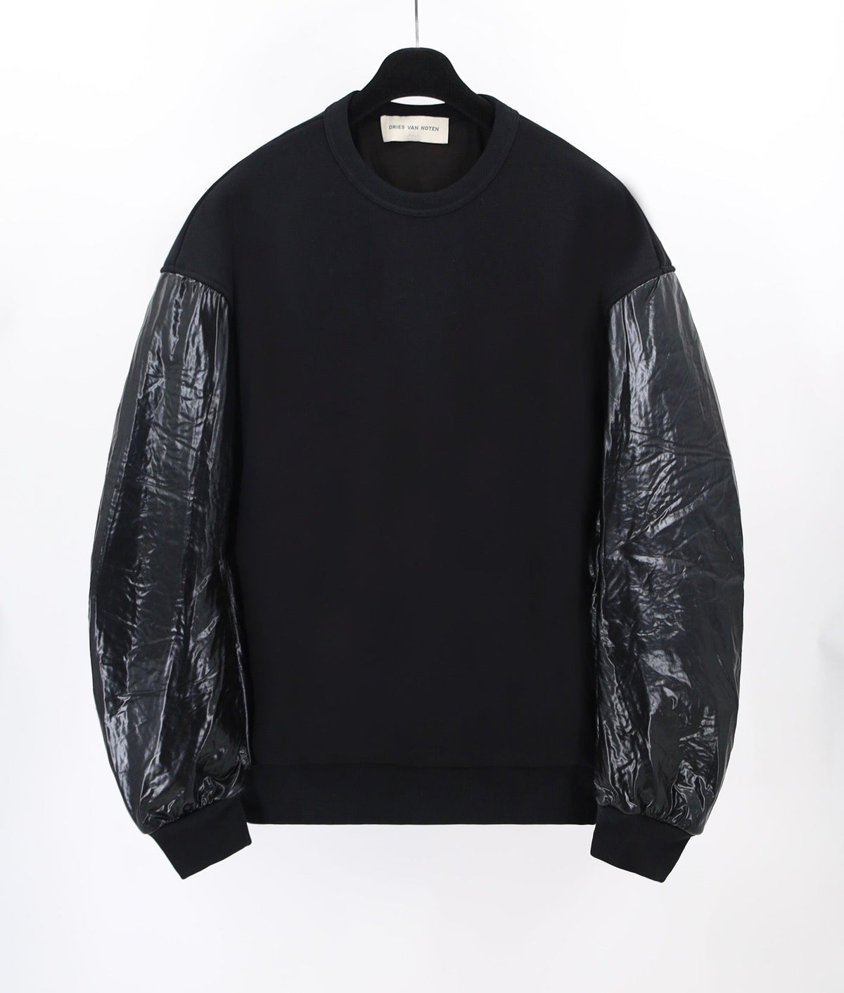 Black Cotton Leather Sleeve Bomber - Men's