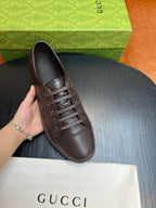 Brown Leather Plain Low-Top - Men's