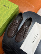 Brown Leather Plain Low-Top - Men's