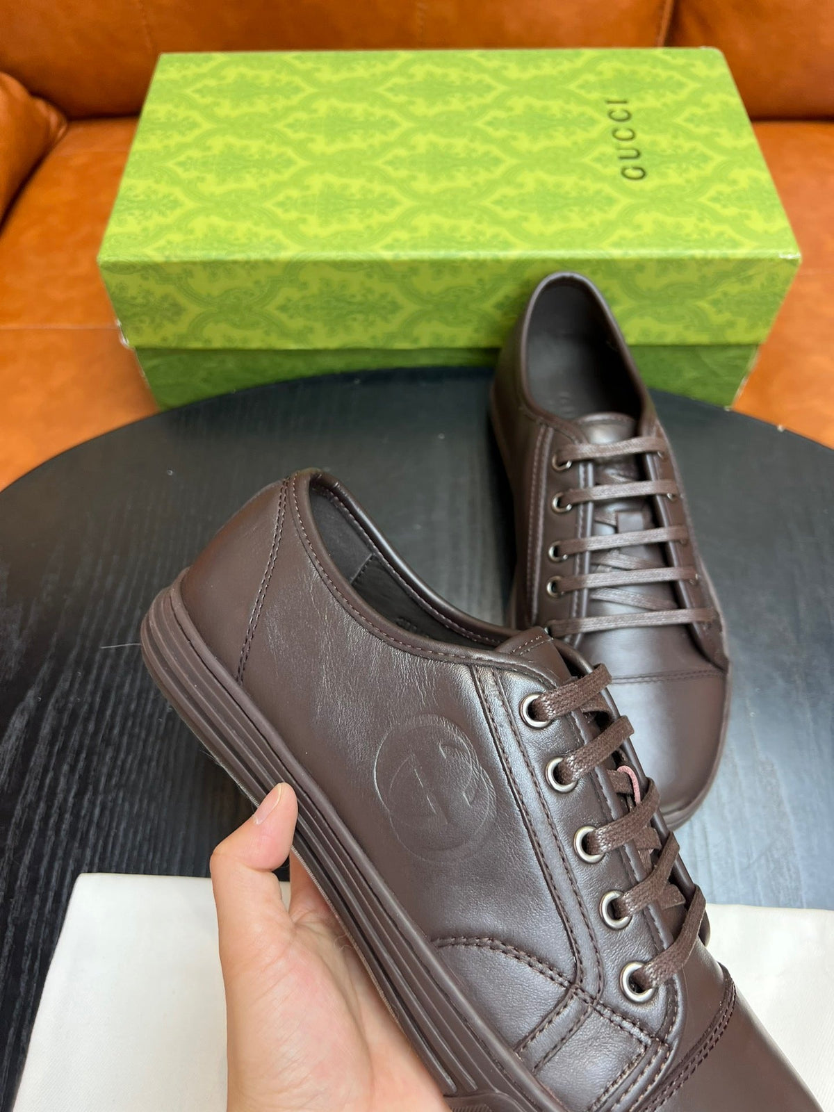 Brown Leather Plain Low-Top - Men's