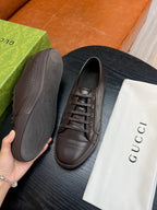 Brown Leather Plain Low-Top - Men's