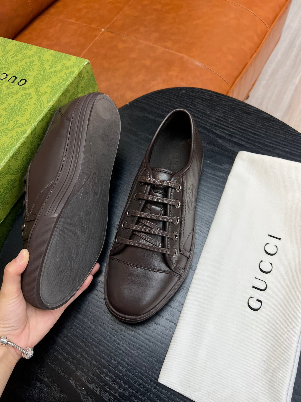 Brown Leather Plain Low-Top - Men's
