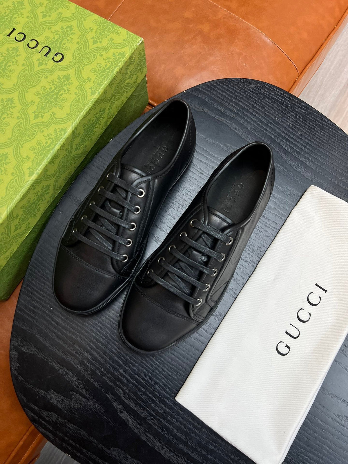 Brown Leather Plain Low-Top - Men's