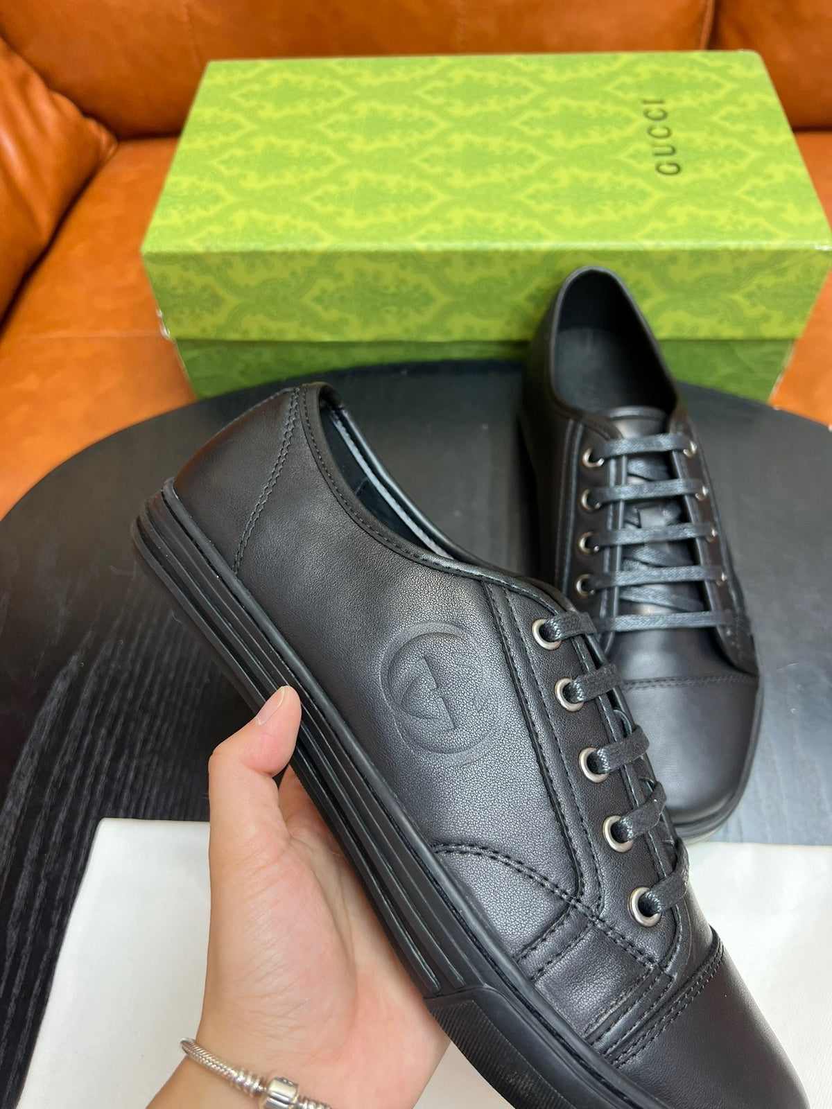 Brown Leather Plain Low-Top - Men's