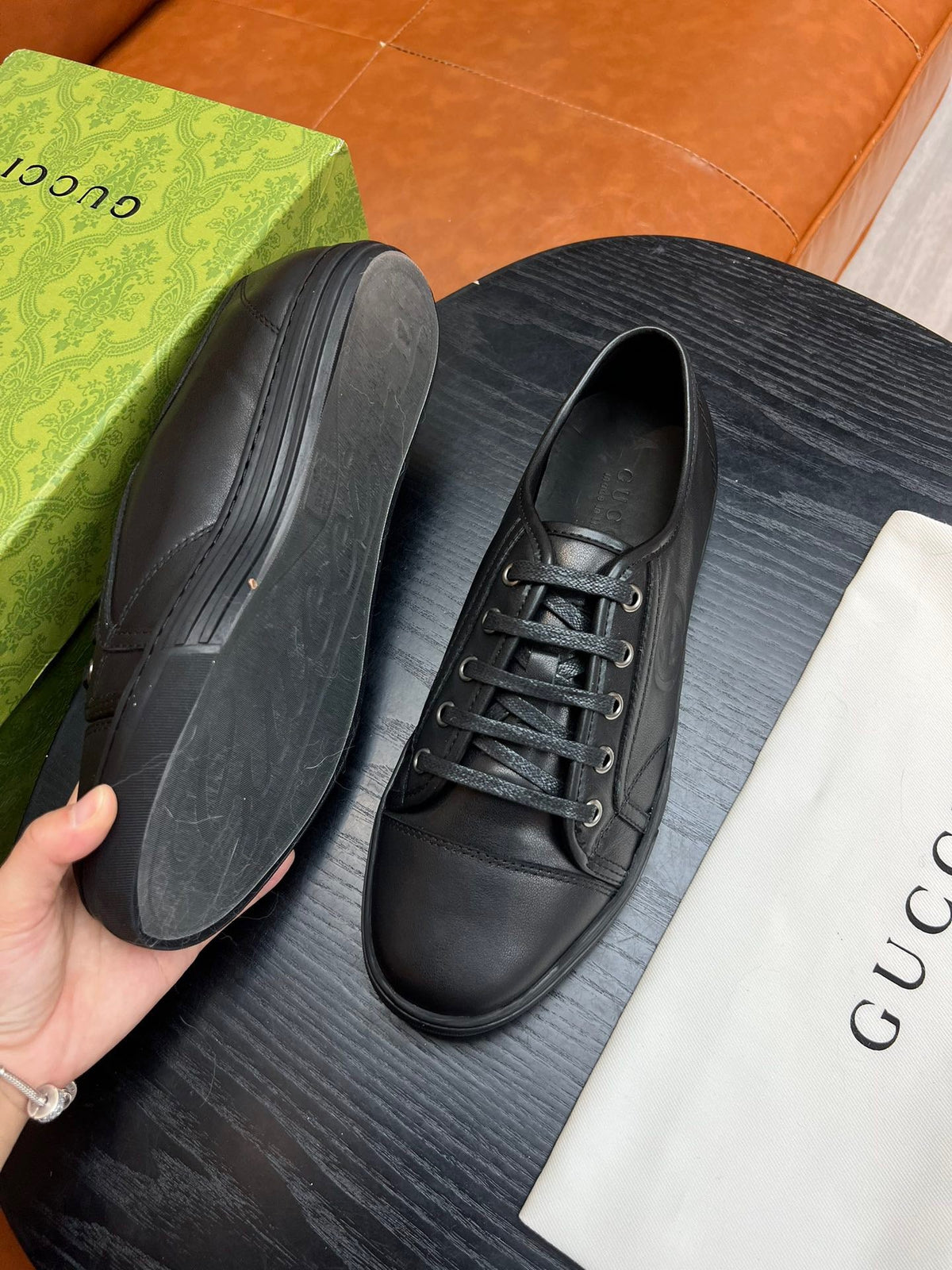 Brown Leather Plain Low-Top - Men's