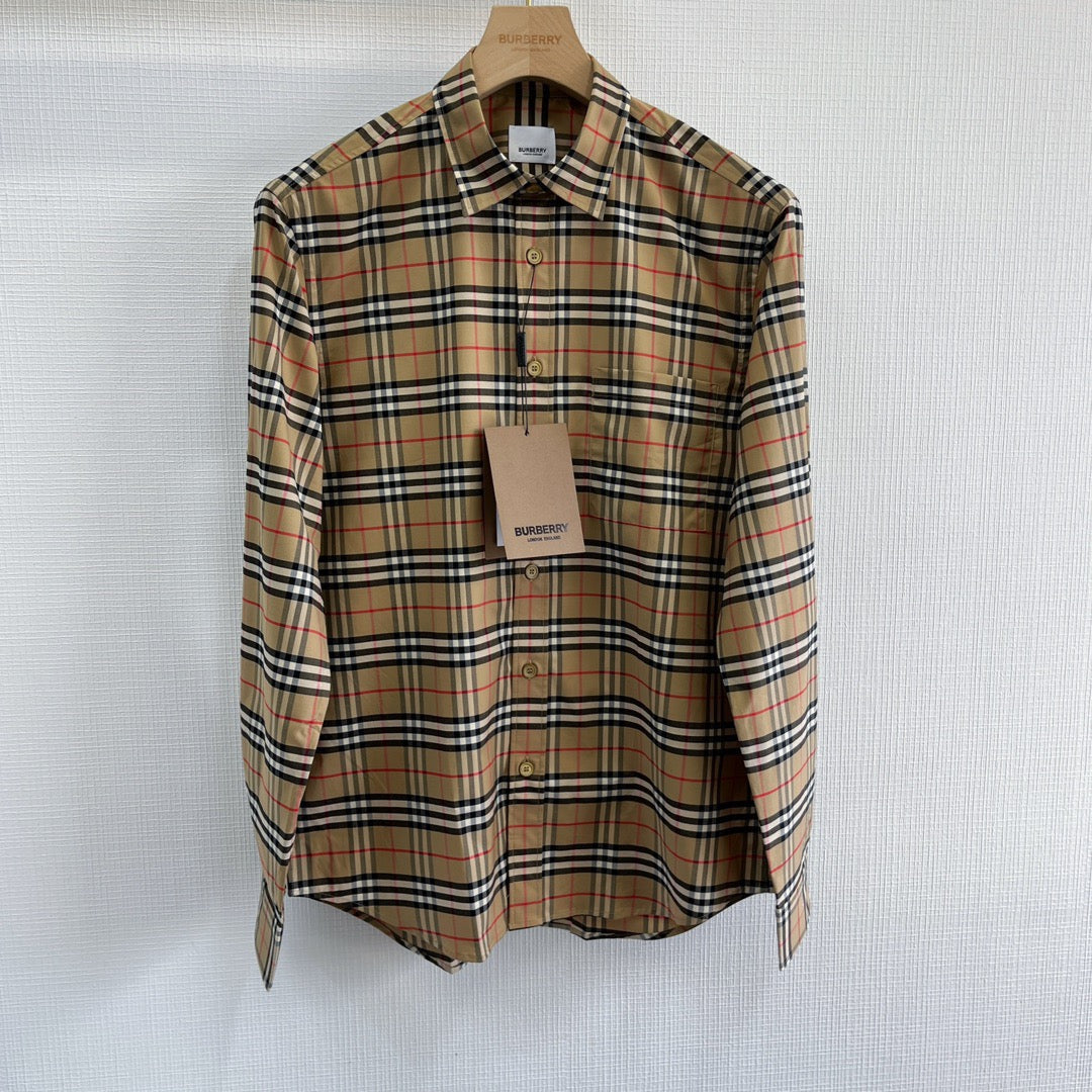 Beiges Baumwoll-Langarmshirt mit klassischem Karomuster – Herren