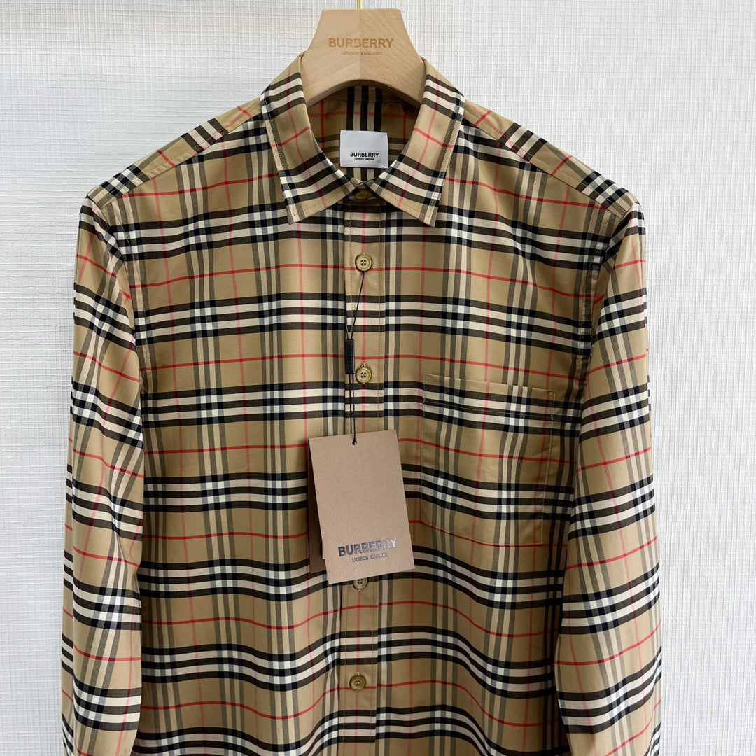 Beiges Baumwoll-Langarmshirt mit klassischem Karomuster – Herren