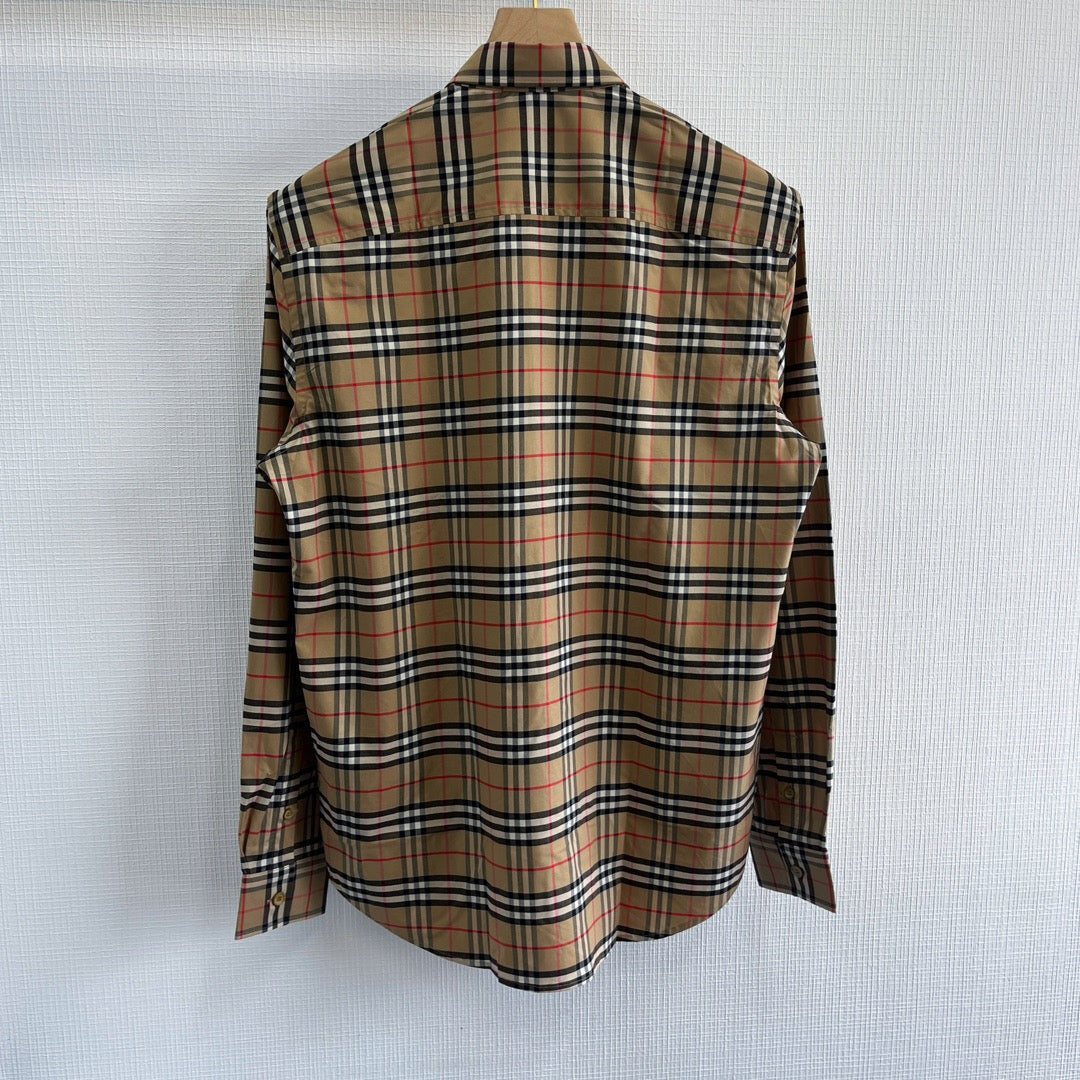 Beiges Baumwoll-Langarmshirt mit klassischem Karomuster – Herren