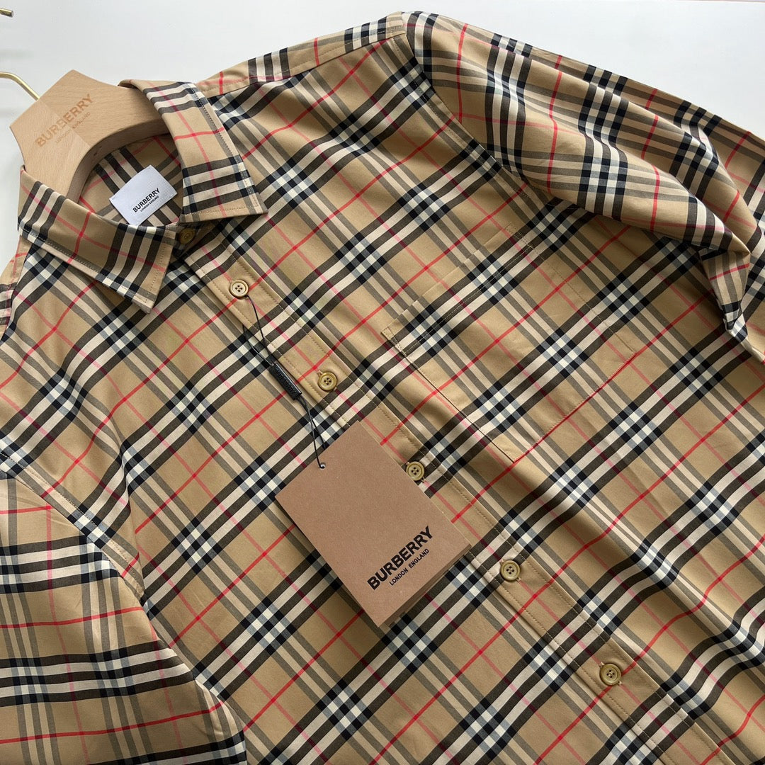 Beiges Baumwoll-Langarmshirt mit klassischem Karomuster – Herren
