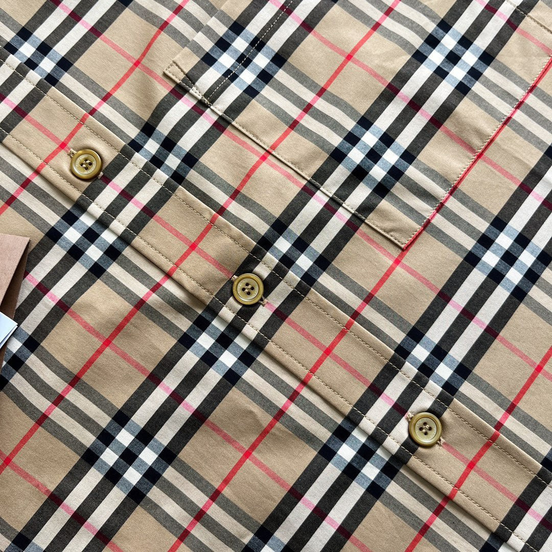 Beiges Baumwoll-Langarmshirt mit klassischem Karomuster – Herren