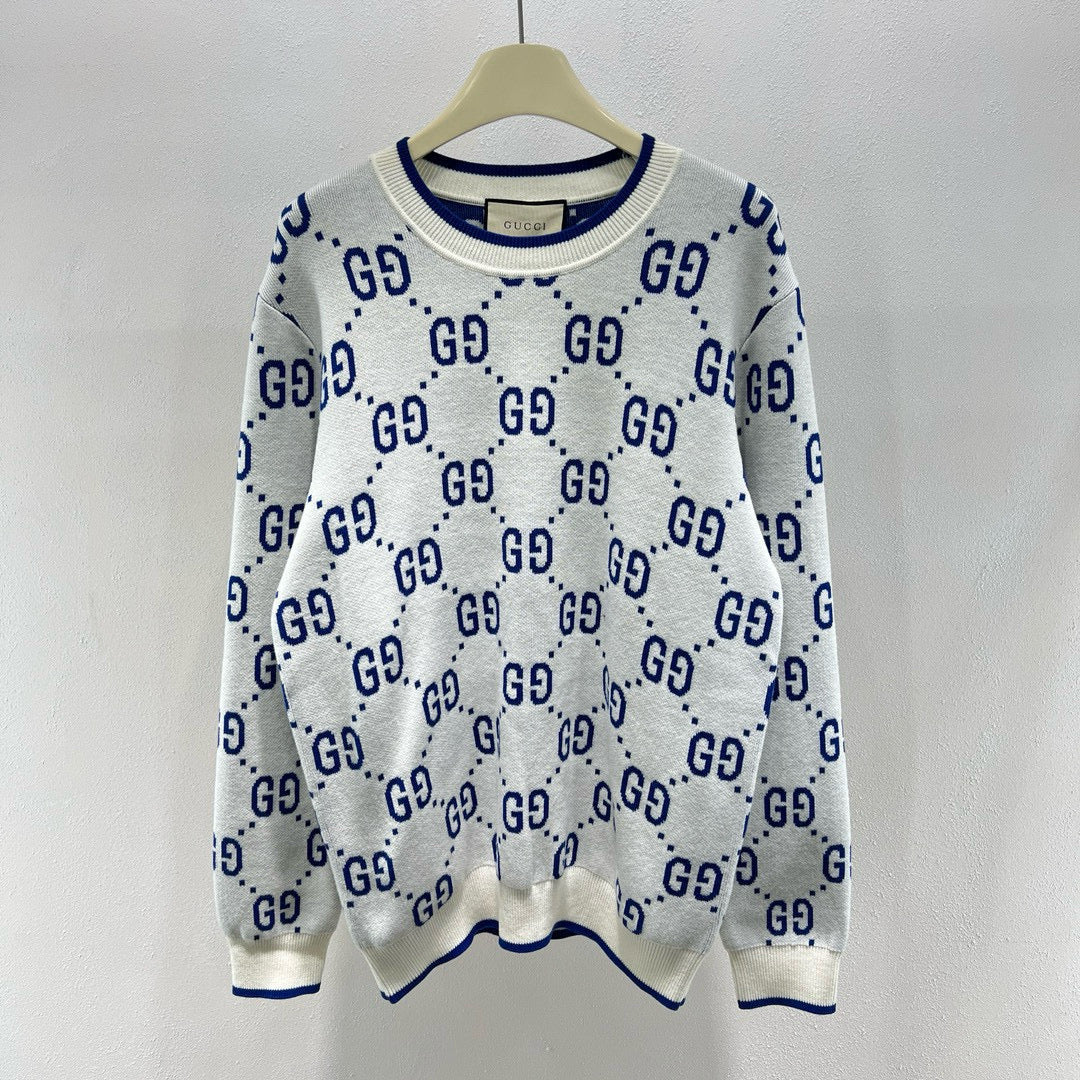 Weißer Jacquard-Monogramm-Rundhals-Pullover – Herren