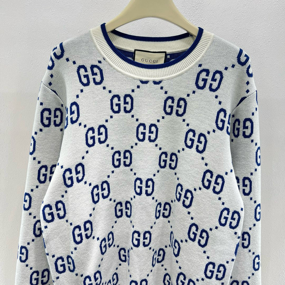 Weißer Jacquard-Monogramm-Rundhals-Pullover – Herren