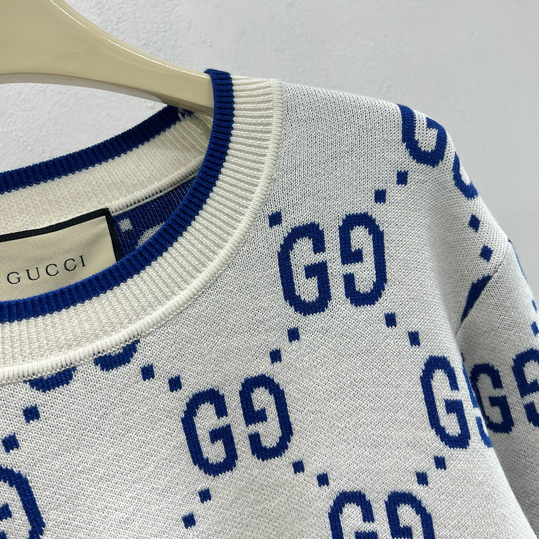 Weißer Jacquard-Monogramm-Rundhals-Pullover – Herren