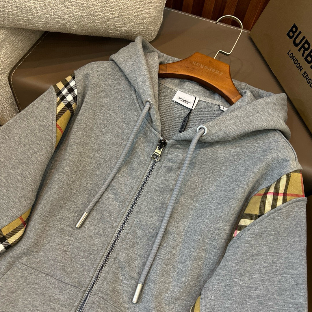 Black Cotton Check Panel Zip-Through - Men's