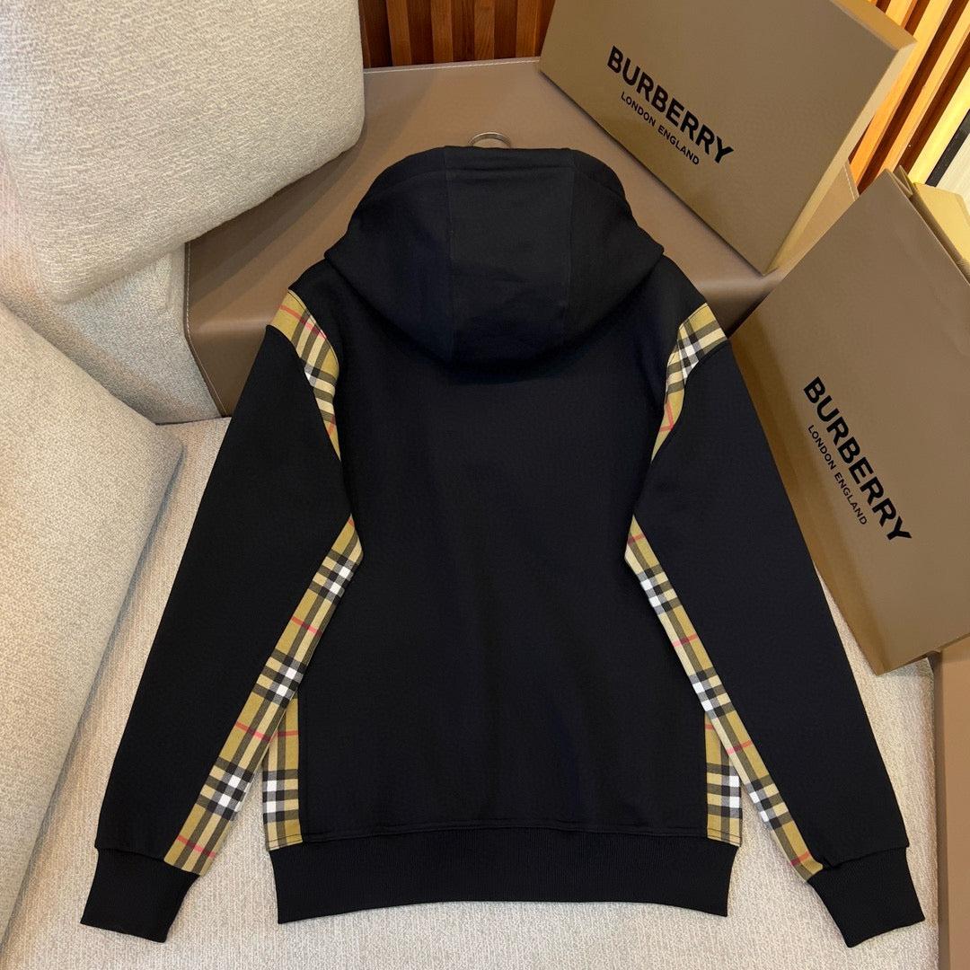 Black Cotton Check Panel Zip-Through - Men's