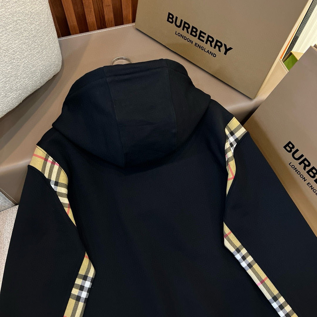 Black Cotton Check Panel Zip-Through - Men's