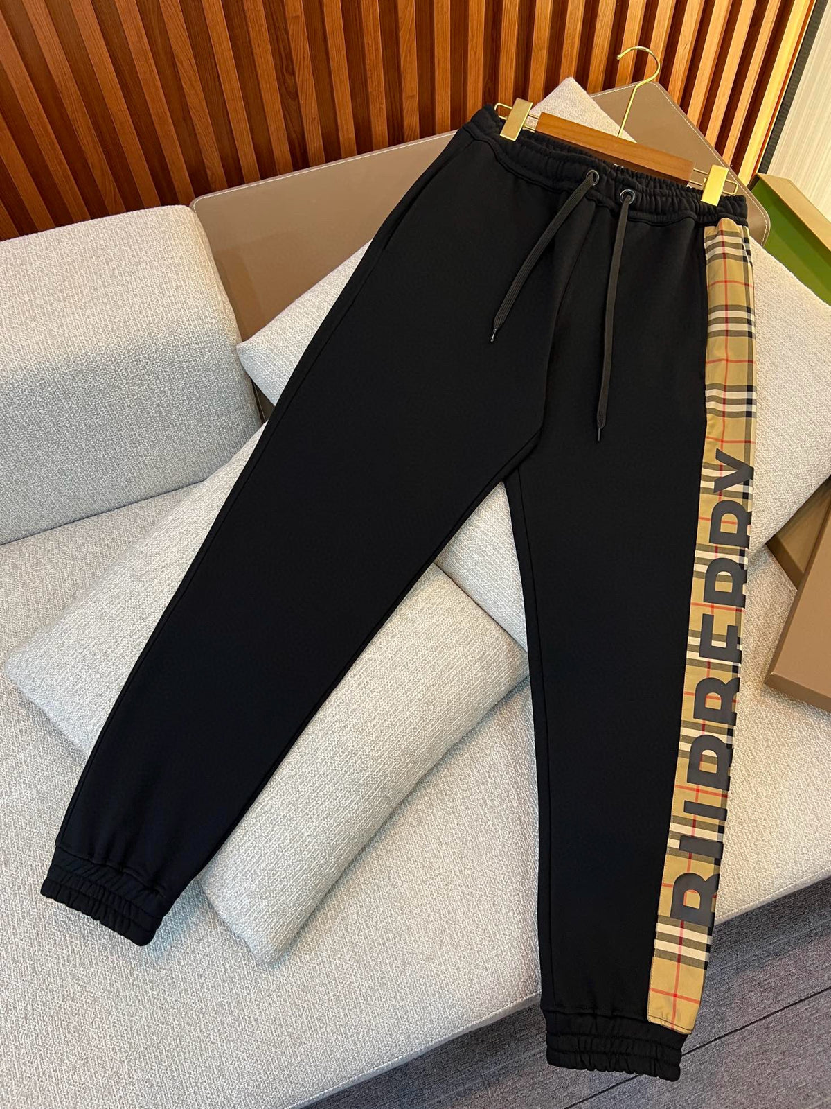 Black Cotton Check Stripe Joggers - Men's
