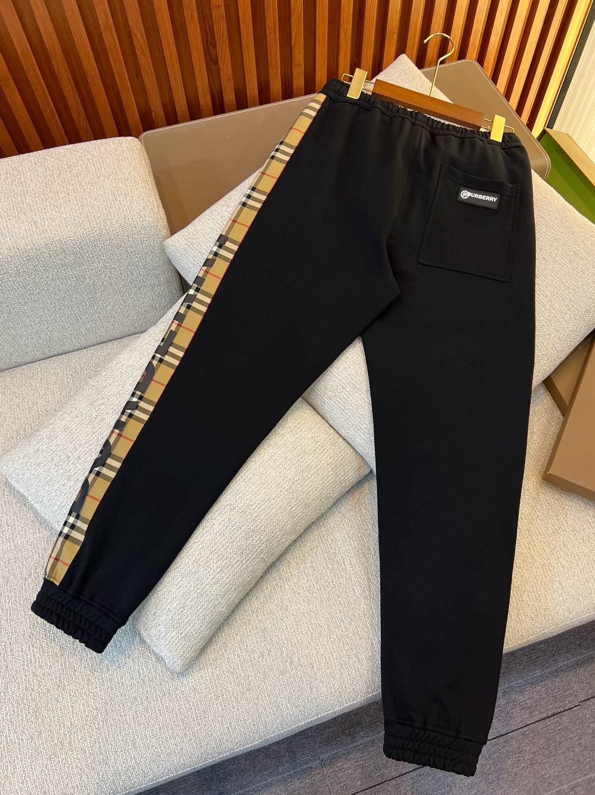 Black Cotton Check Stripe Joggers - Men's
