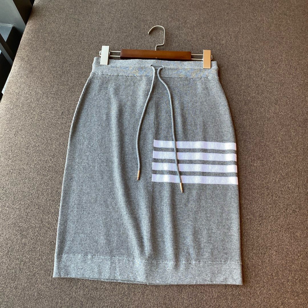 Grey Knit Bar Stripe Midi Skirt - Women's