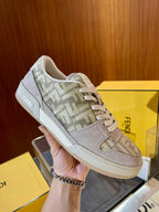 Cremefarbene Leder-Logo-Low-Top-Sneaker – Herren