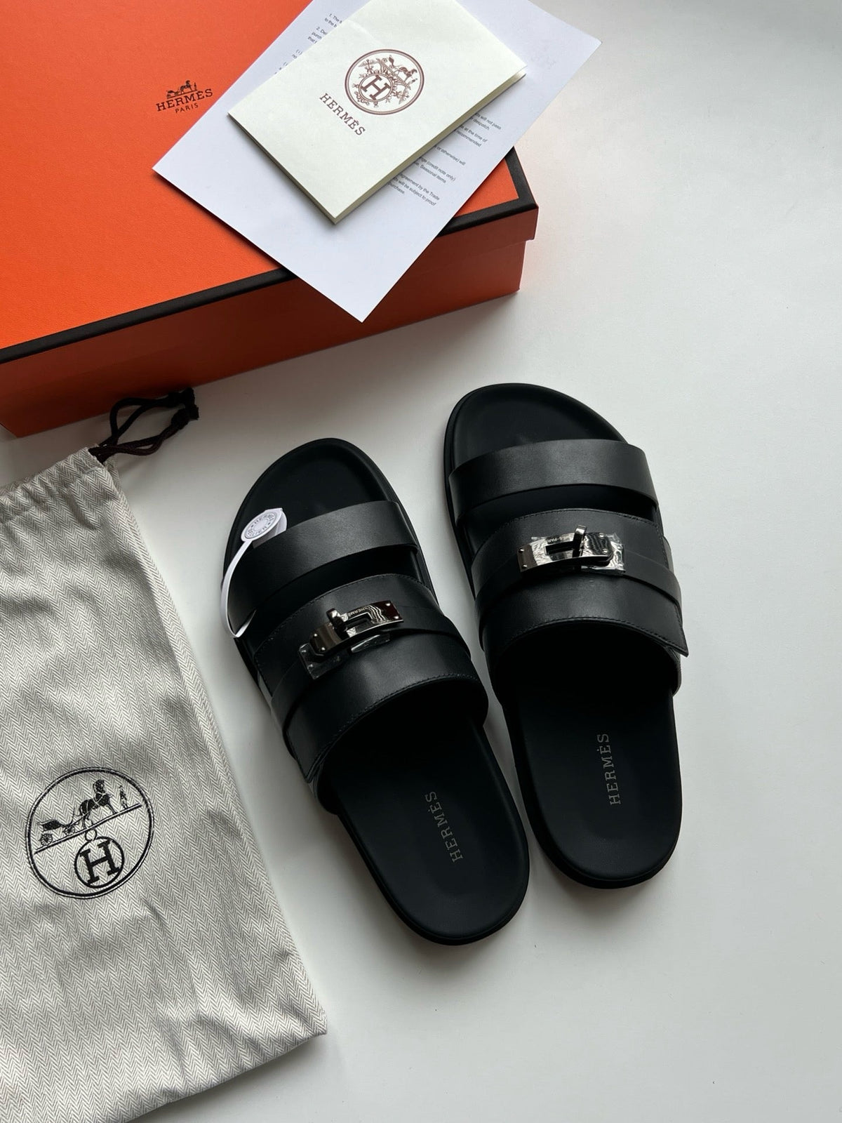 Black Leather Contrast Footbed Double Strap - Men's