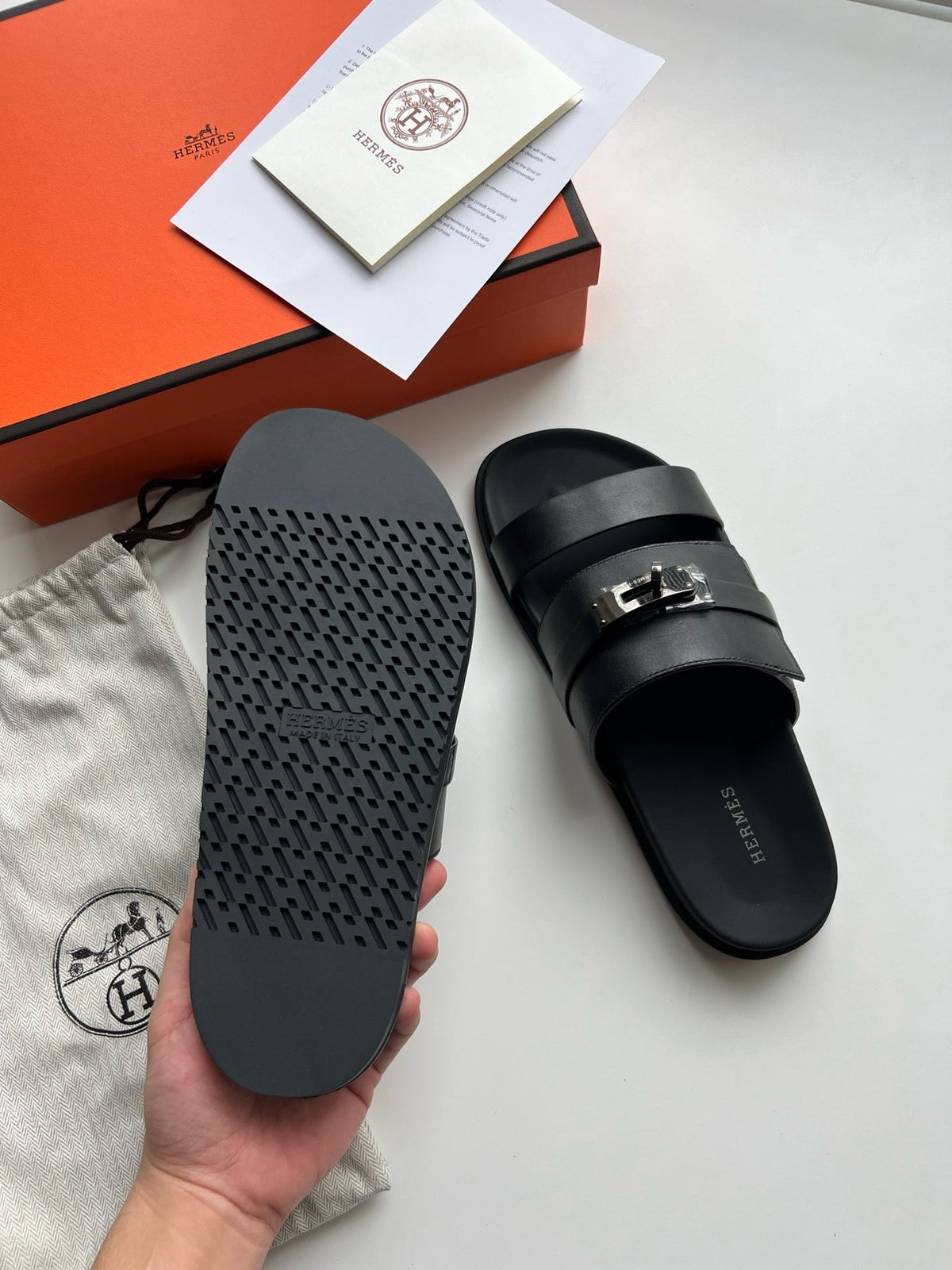 Black Leather Contrast Footbed Double Strap - Men's