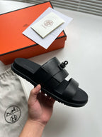 Black Leather Contrast Footbed Double Strap - Men's