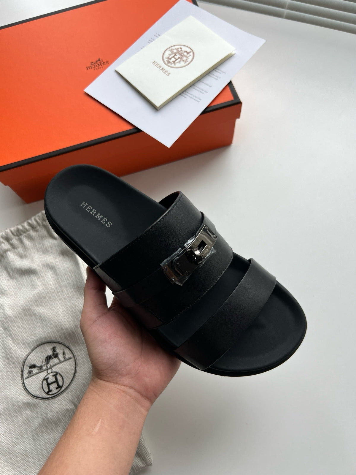 Black Leather Contrast Footbed Double Strap - Men's