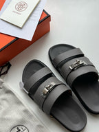 Black Leather Logo Double Strap - Men's