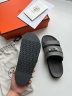 Black Leather Logo Double Strap - Men's
