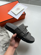 Black Leather Logo Double Strap - Men's