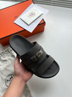 Black Leather Logo Double Strap - Men's