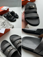 Black Leather Logo Double Strap - Men's