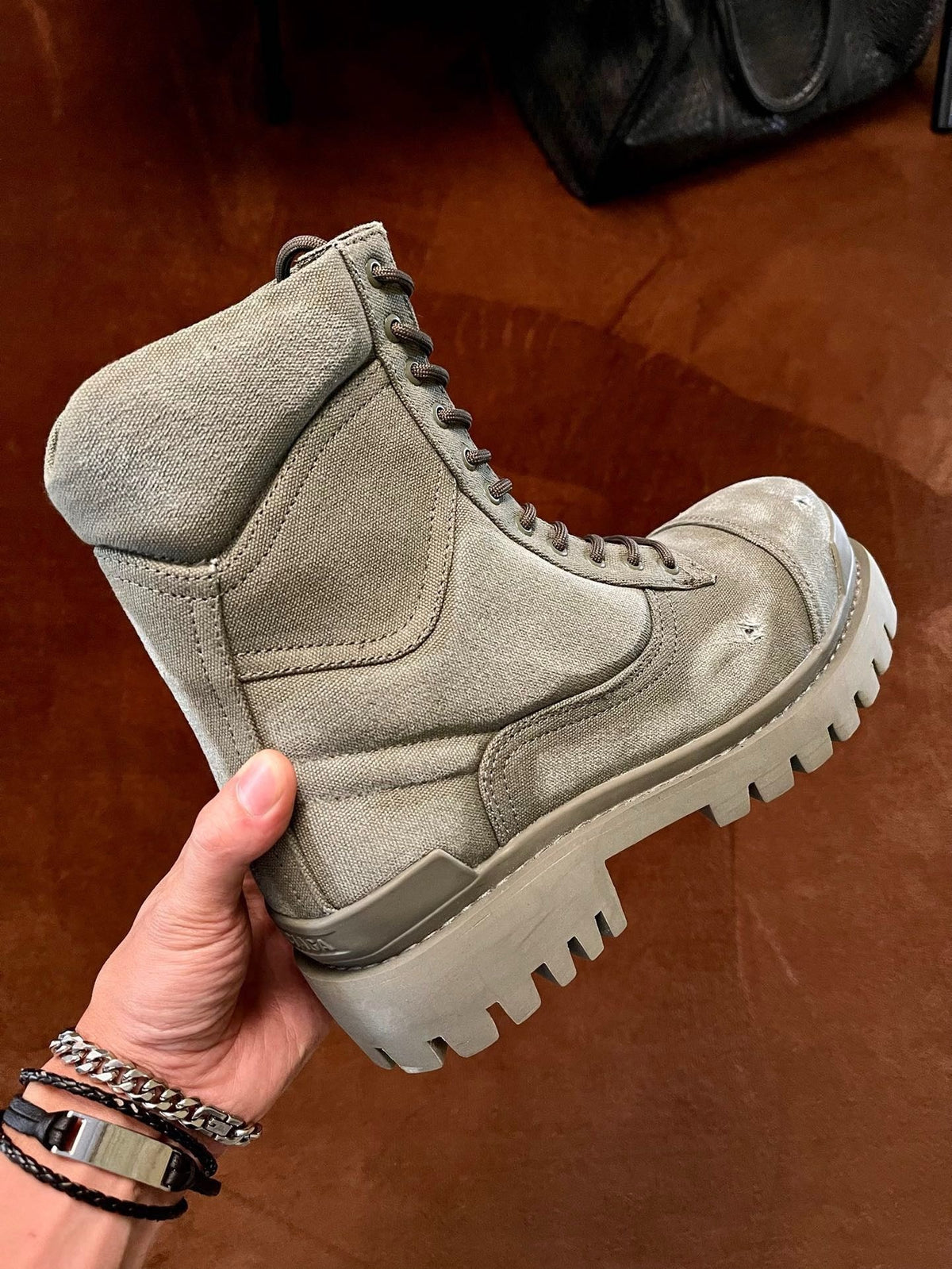 Black Leather Panelled Combat Boot - Men's