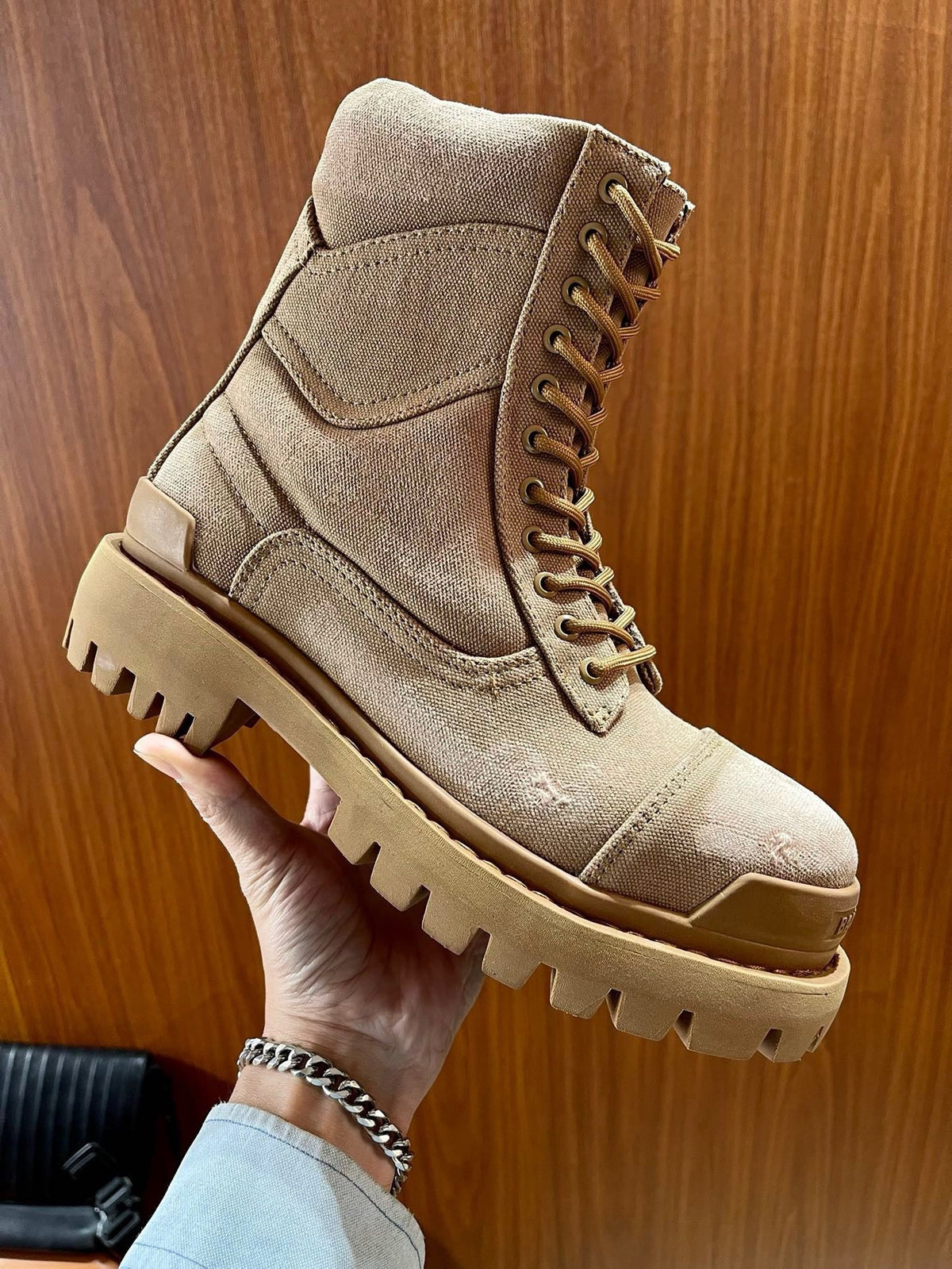 Black Leather Panelled Combat Boot - Men's