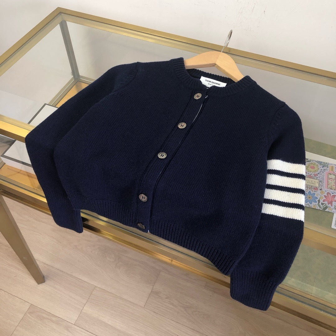 Navy Wool Four-Bar Cardigan - Women's