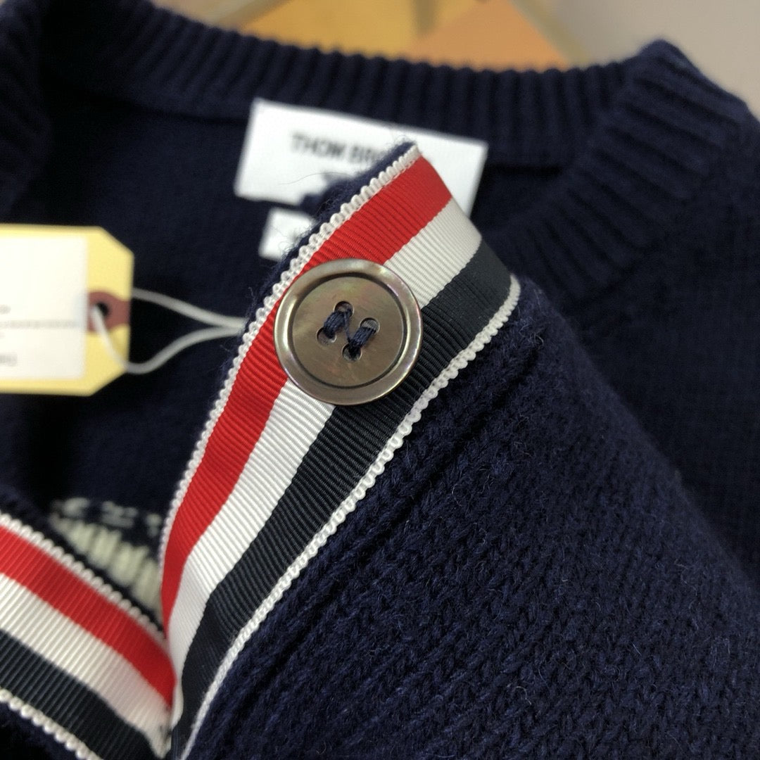 Marineblaue Strickjacke aus Wolle mit vier Streifen – Damen