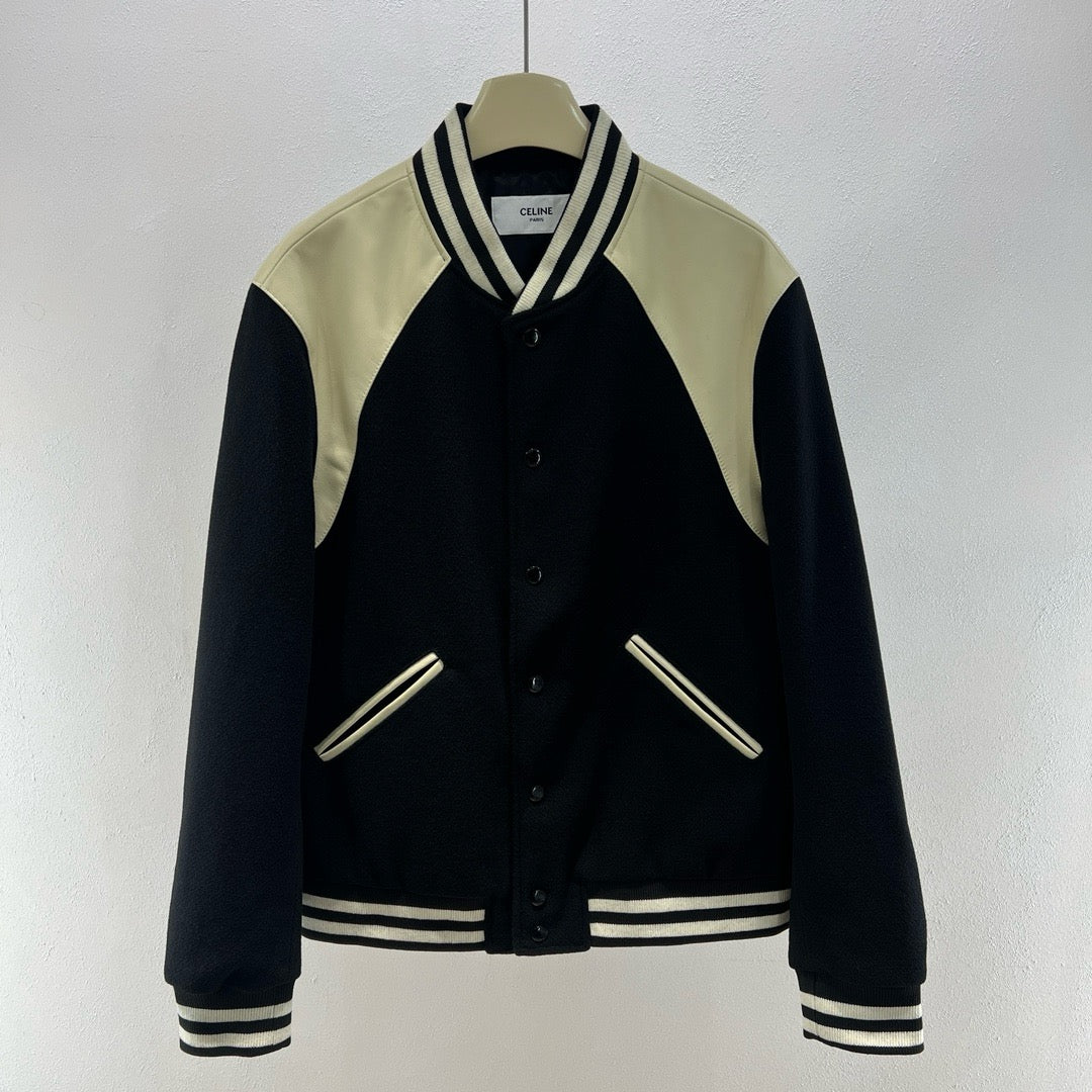 Herren-Collegejacke aus schwarzer Wolle mit Schulterpasse