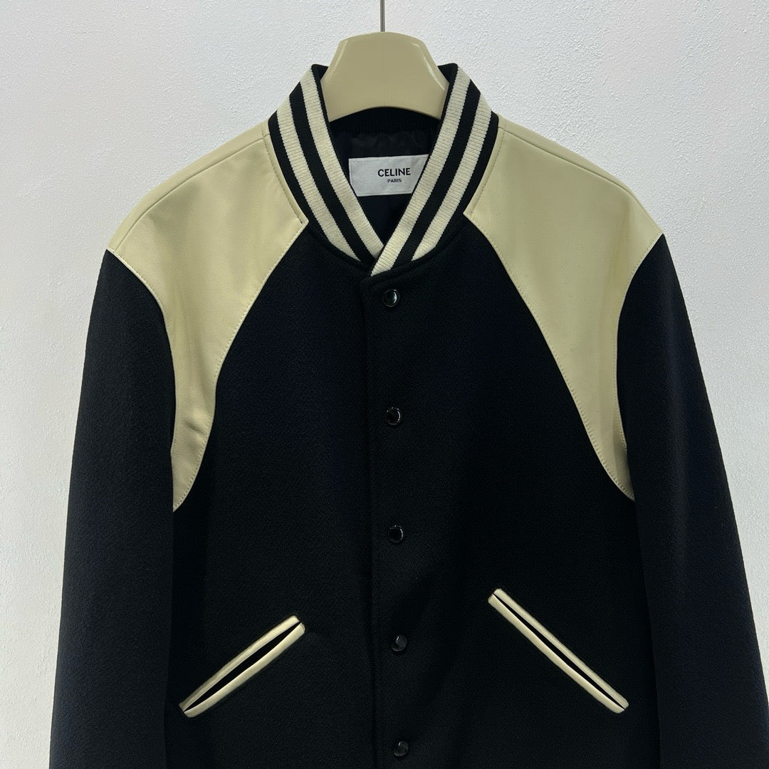 Herren-Collegejacke aus schwarzer Wolle mit Schulterpasse