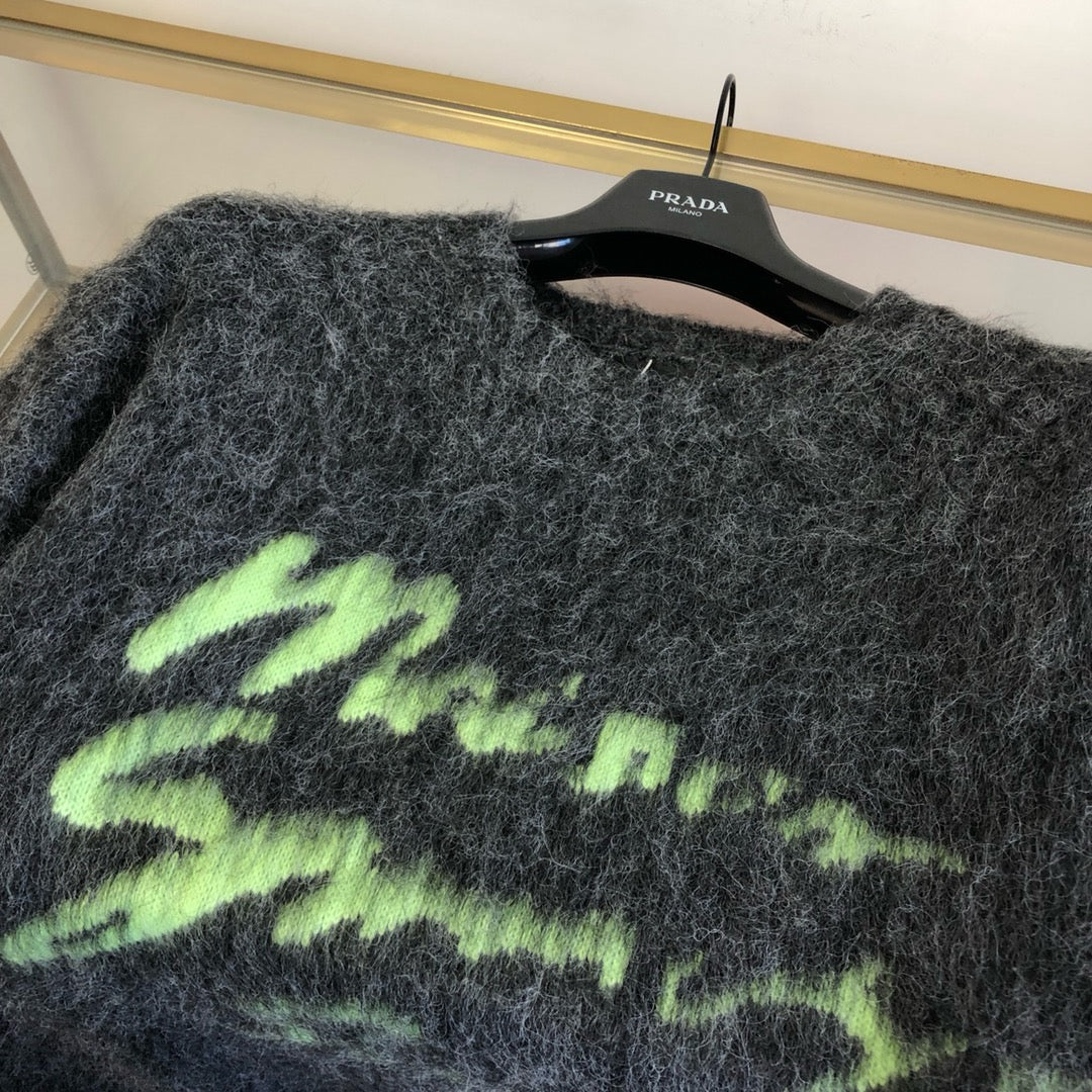 Grauer Mohair-Grafik-Rundhals-Pullover – Herren