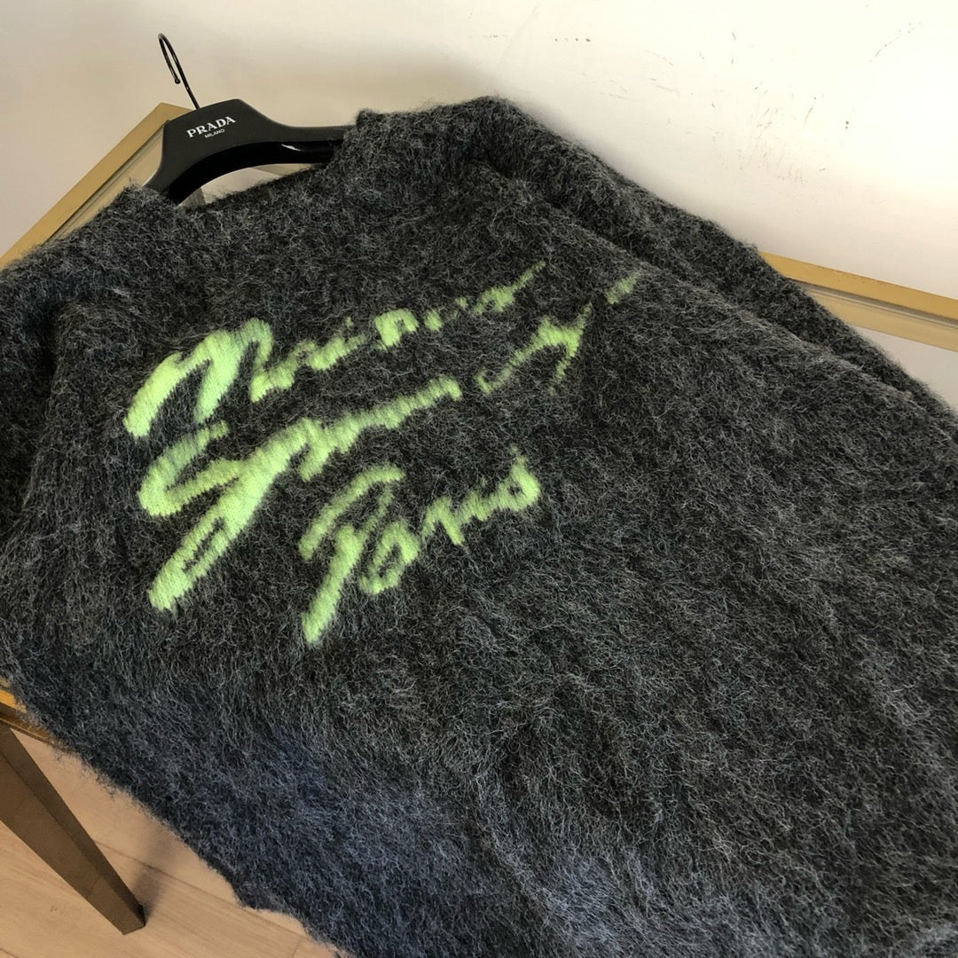 Grauer Mohair-Grafik-Rundhals-Pullover – Herren