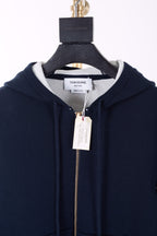 Marineblaue Woll-Zip-Jacke mit Nadelstreifen – Herren