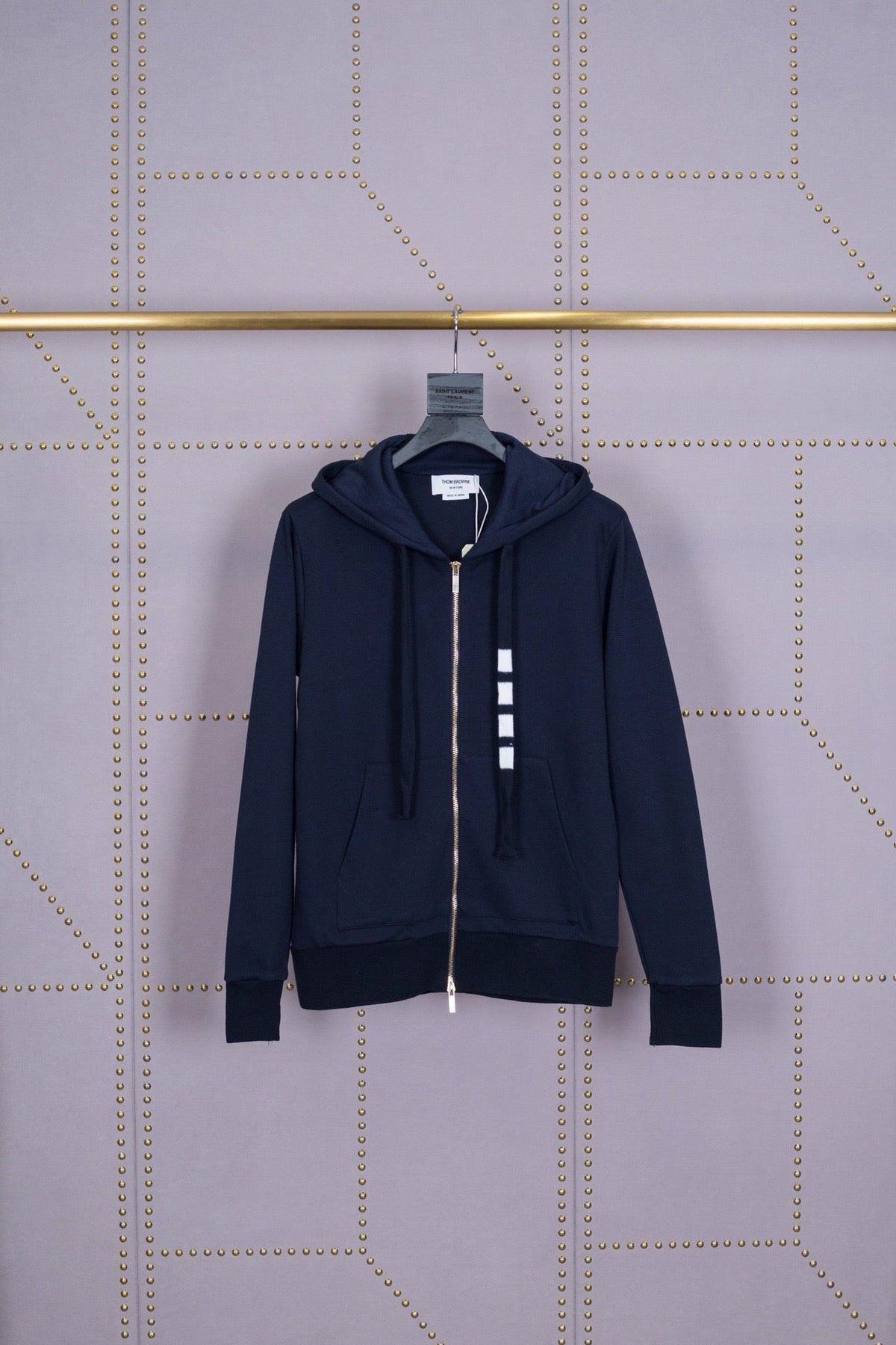 Marineblaue Baumwoll-Reißverschlussjacke mit Streifenmuster für Herren