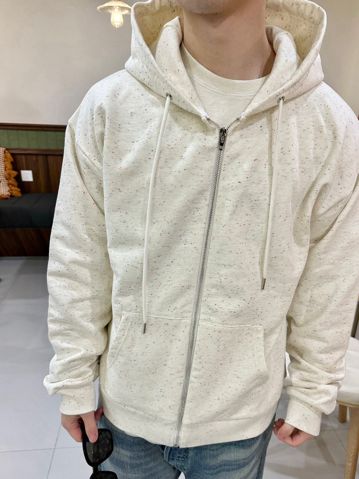 Cremefarbener, unifarbener Baumwoll-Reißverschluss-Cardigan – Herren