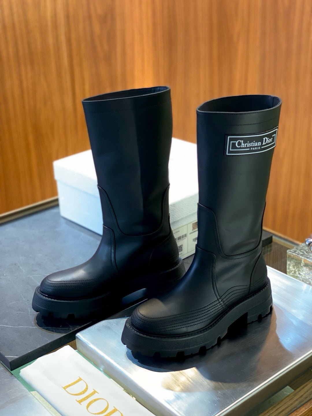 Black Leather Lug Sole Knee-High Boot - Women's